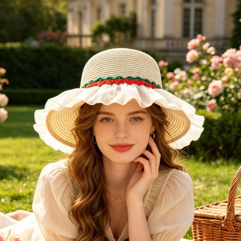 Summer Lace Edge Straw Hat, New Fashionable Large Brim Sun Hat, Travel Sun Protection Beach Hat, Women's Dome Basin Hat