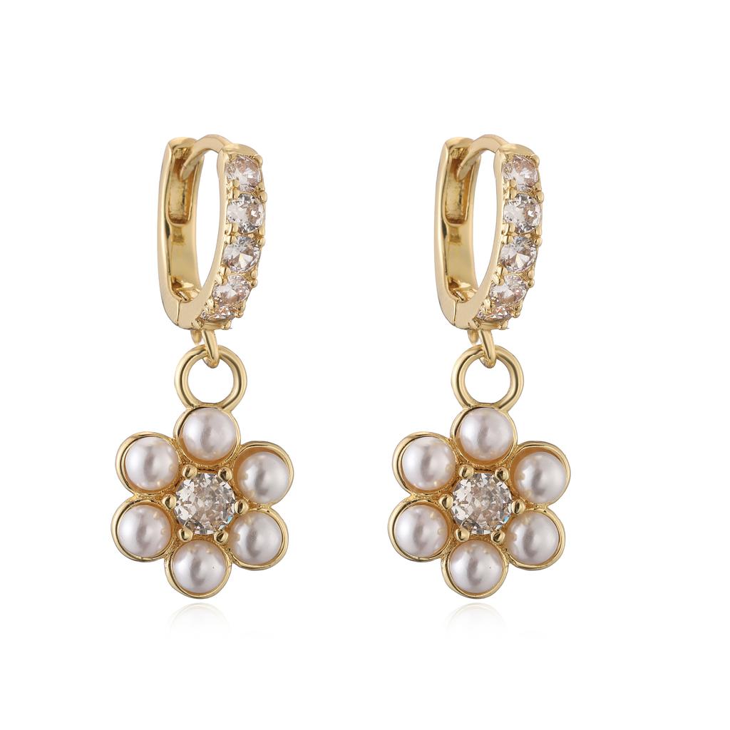 HECHENG,Sweet Romantic Small Pearl Zirconia Flower Pendant Women's Earrings Plated 18K Golden Copper Earrings Piercing Jewellery