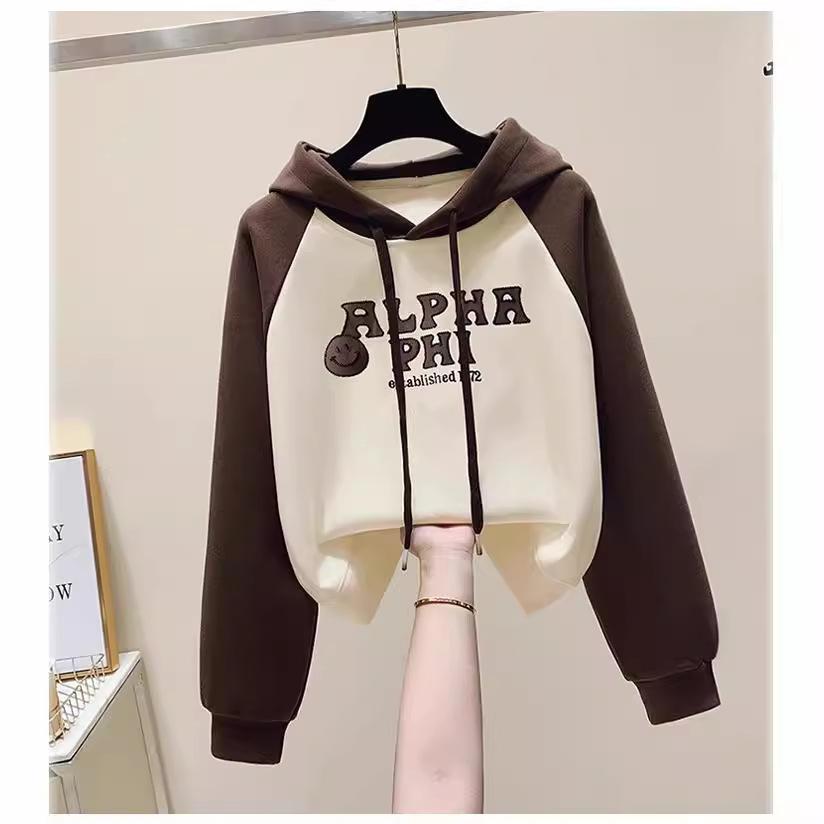 Bauchfreies Kapuzensweatshirt Damen Neu Frühling und Herbst Koreanische Version Locker Mode Druck Kontrastierend Nische Lässig Top