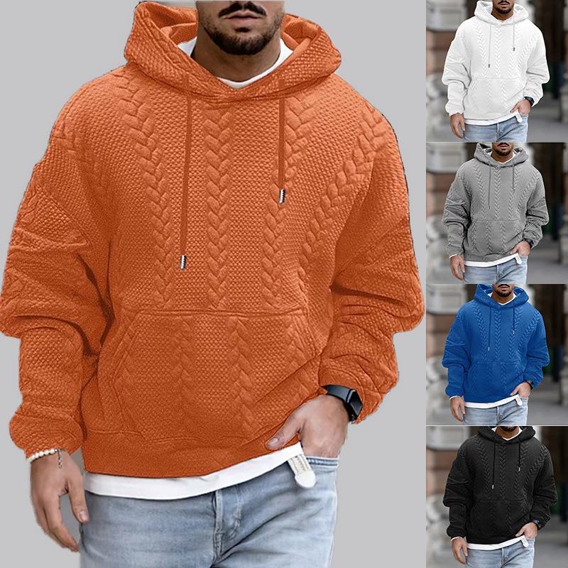 Men S Casual Hooded Pullover Sweatshirt Jacquard Solid Long Sleeve Loose Fit