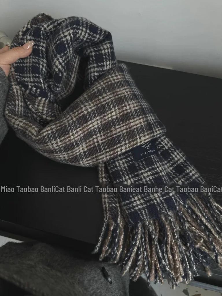 2024 Women's Korean-Style Blue & Brown Plaid Double-Sided Winter Scarf