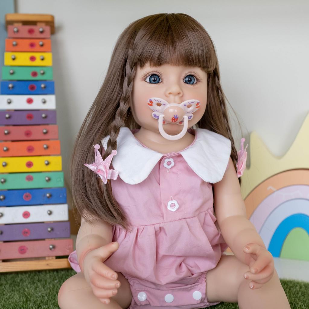 NPK 55cm SueSue Full Body Silicone Reborn Toddler Doll Hand-detailed Painting with Brown Long Wig Hair