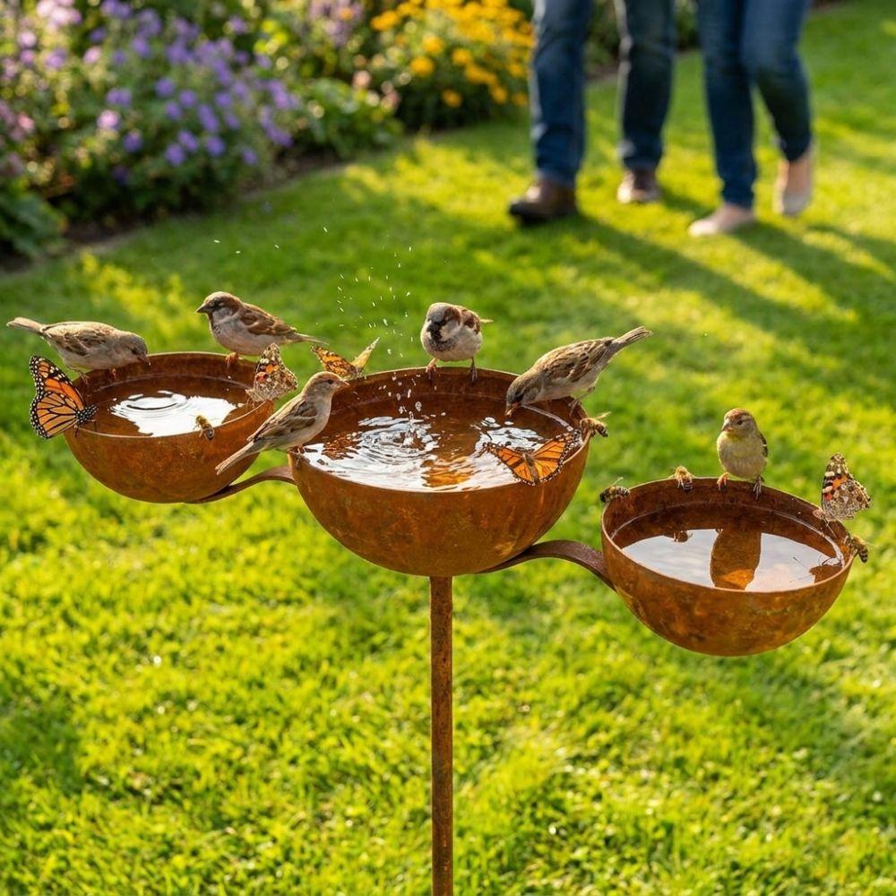 Rusted 3-Tiered Bird Bath Metal Bird Feeding Station Multi-Purpose Bird Water Bowls Yard