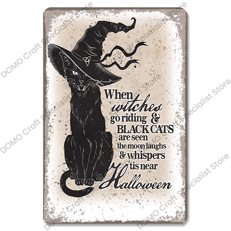 Happy Halloween Retro Poster Metal Plate Jack-O-Lantern Black Cat Witch Metal Tin Signs Vintage Halloween Party Living Room Home