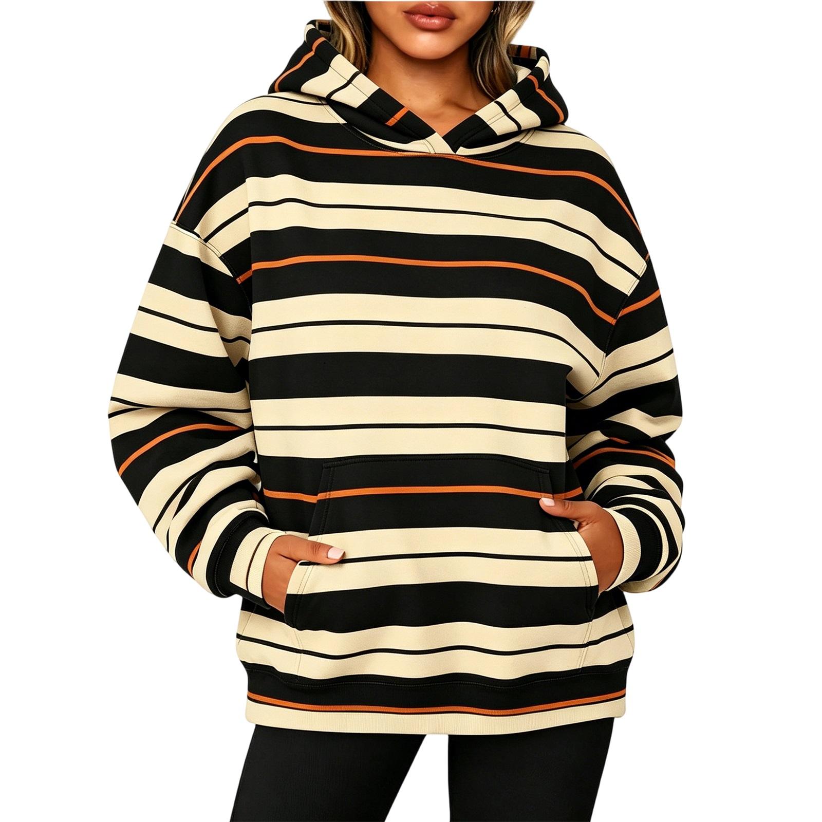 Women s Long Sleeve Striped Hoodie with Pocket - Casual Pullover Sweatshirt L