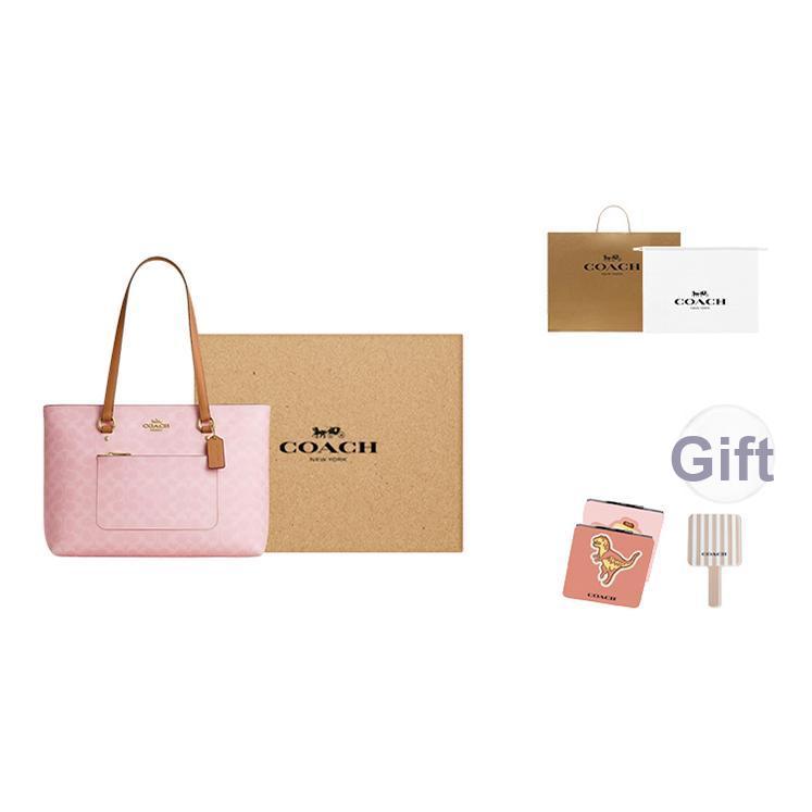 Coach Coated Canvas Tote Bag With Side Zipper Pocket Women Handbags Gold Pink CEA21-IMPO