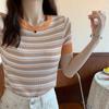 Short-sleeved Knit Sweater Female Summer Striped Knit Round Neck Thin T-shirt Short Paragraph Foreign-style Top Tide Casual Slim Fit Pullovers Tees