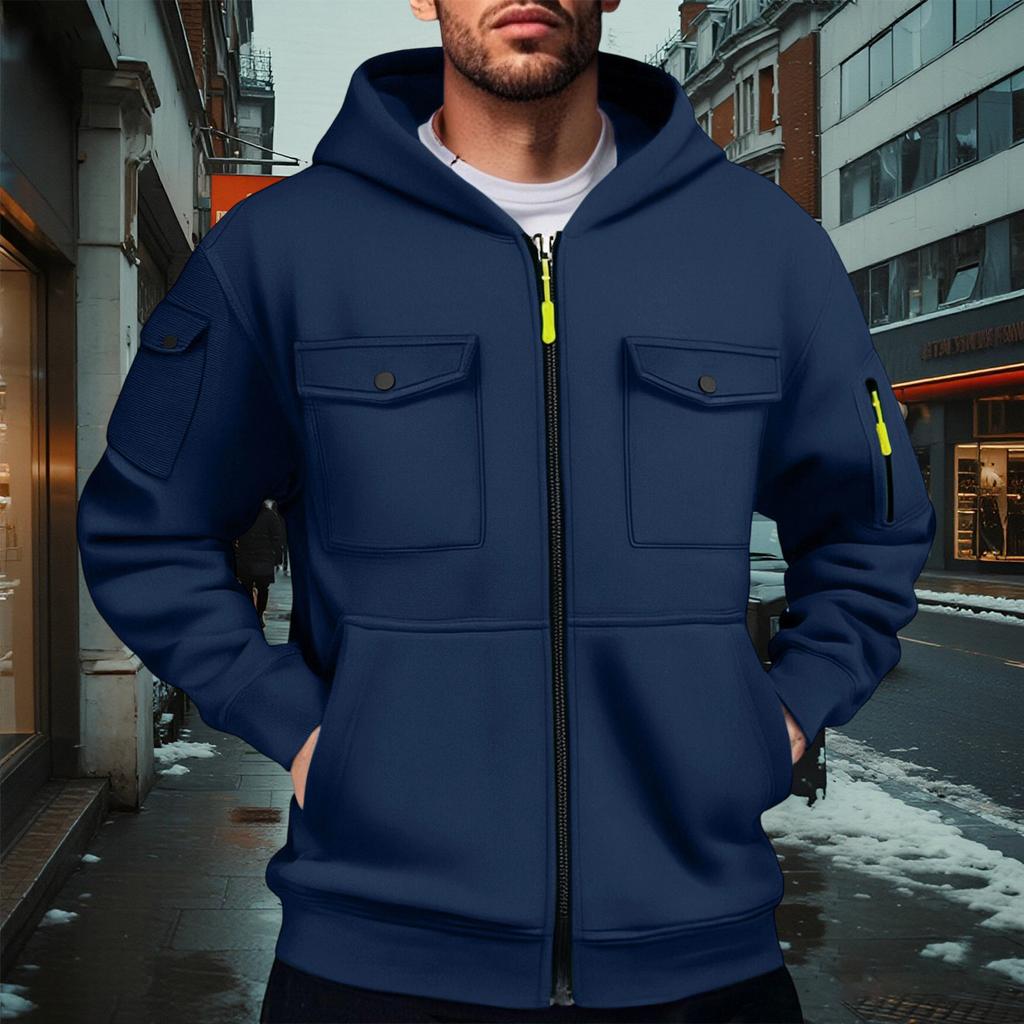 Men's Cargo Zip-Up Hoodie Jacket - Multi-Pocket Zip Hooded Athletic Top