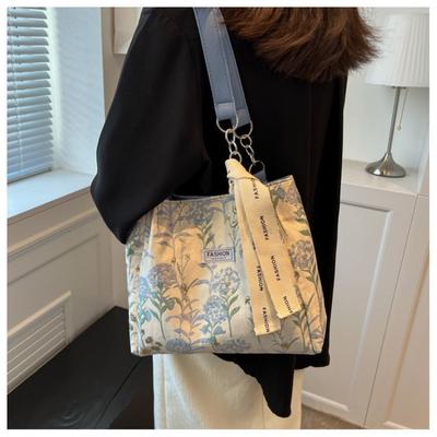 Large Capacity Tote Canvas Top-Handle Bags for Women Fashion Embroidery Floral Female Shoulder Bags Casual Commuter Bag