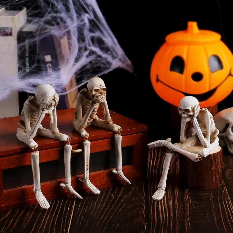 Halloween Resin Statues - See/Speak/Hear No Evil Skeleton Figurines Realistic Skull Decor for Bookshelf & Table Edge Ornament