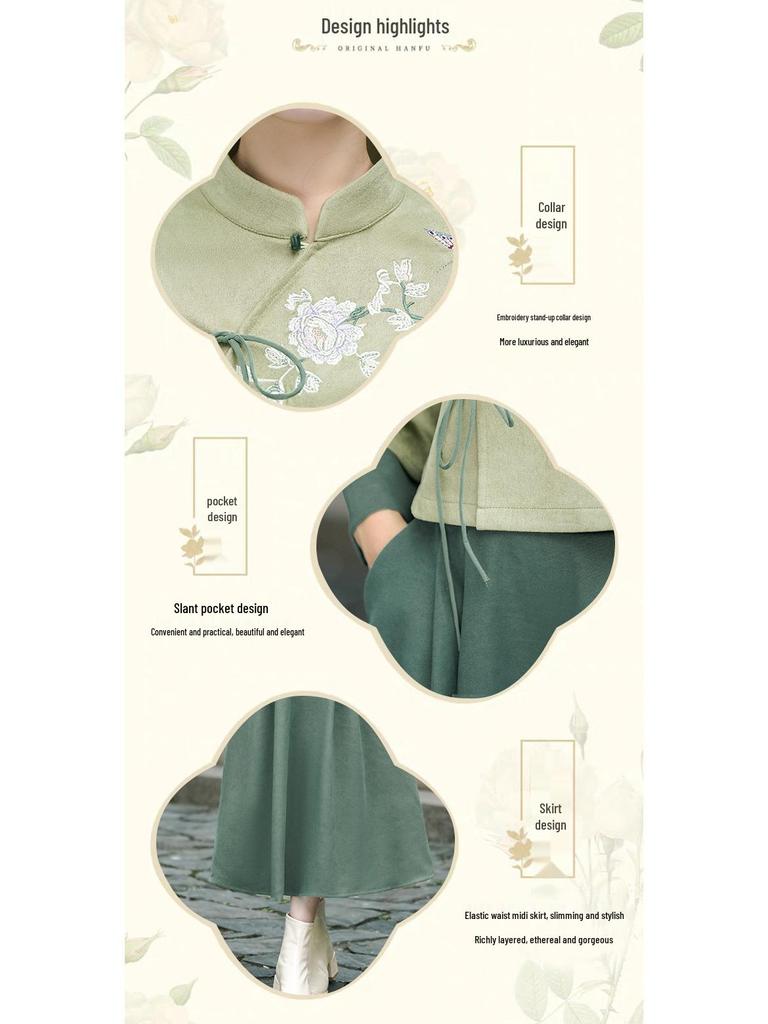 Podzimní/Zimní Retro Vyšívaný Tang oblek Hanfu Cheongsam Dvoudílný set