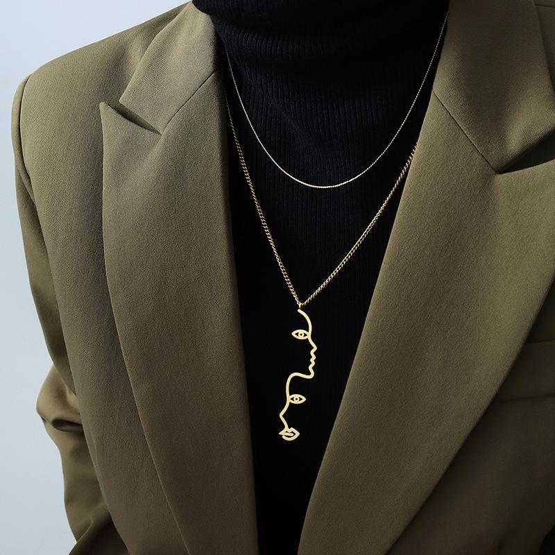 Style Exaggerated Personality Outline Face Pendant Necklace, Titanium Steel Plated 18K Real Gold Jewelry P086