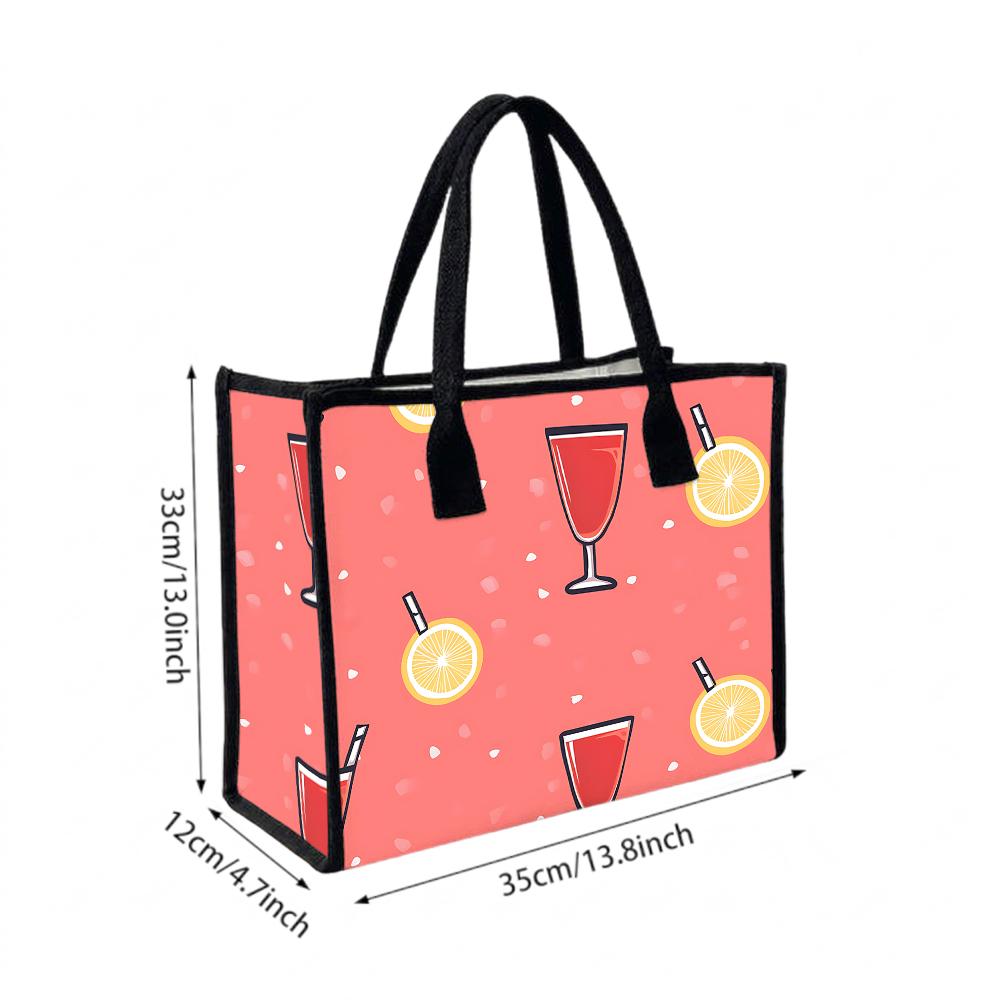 Cute Drink Pattern Canvas Tote Bag Portable Casual Shopping Shoulder Bag for Daily Use