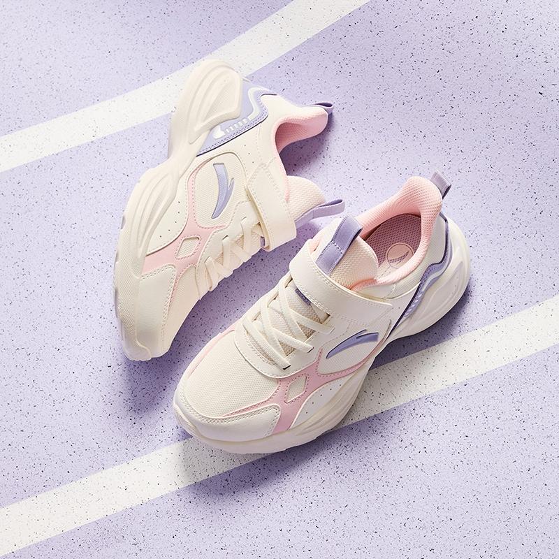 Anta Kids Synthetic Leather Fabric Trendy Versatile Lightweight Shock Absorption Low-Top Running Shoes Kids Sneakers White Pink Purple A22445577N-1
