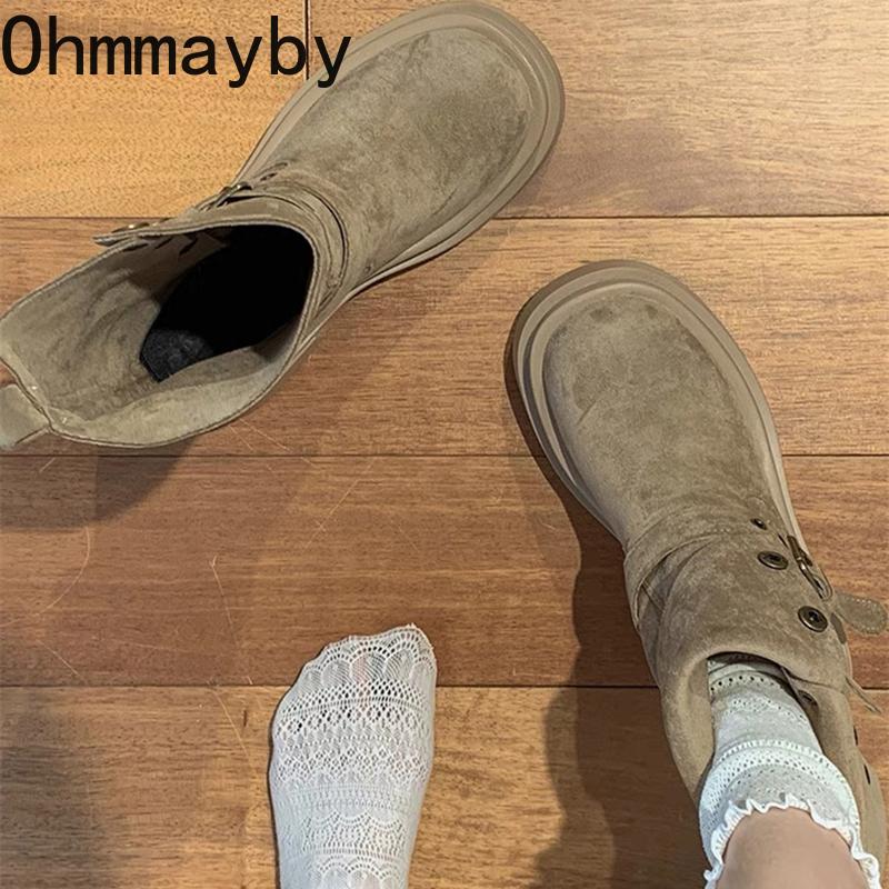 Vintage Platform Thick Bottom Women Western Cowboy Boots Fashion Belt Buckle Height Increase Female Mid Calf Booties