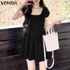 Women Girls Puff Sleeve Slim Waist Casual A-line Tunic Dress