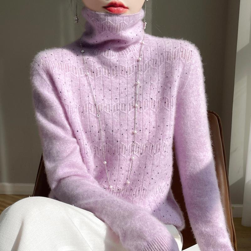Women's 100% Pure Wool Rhinestone Turtleneck Sweater - Long Sleeve Jacquard Knit