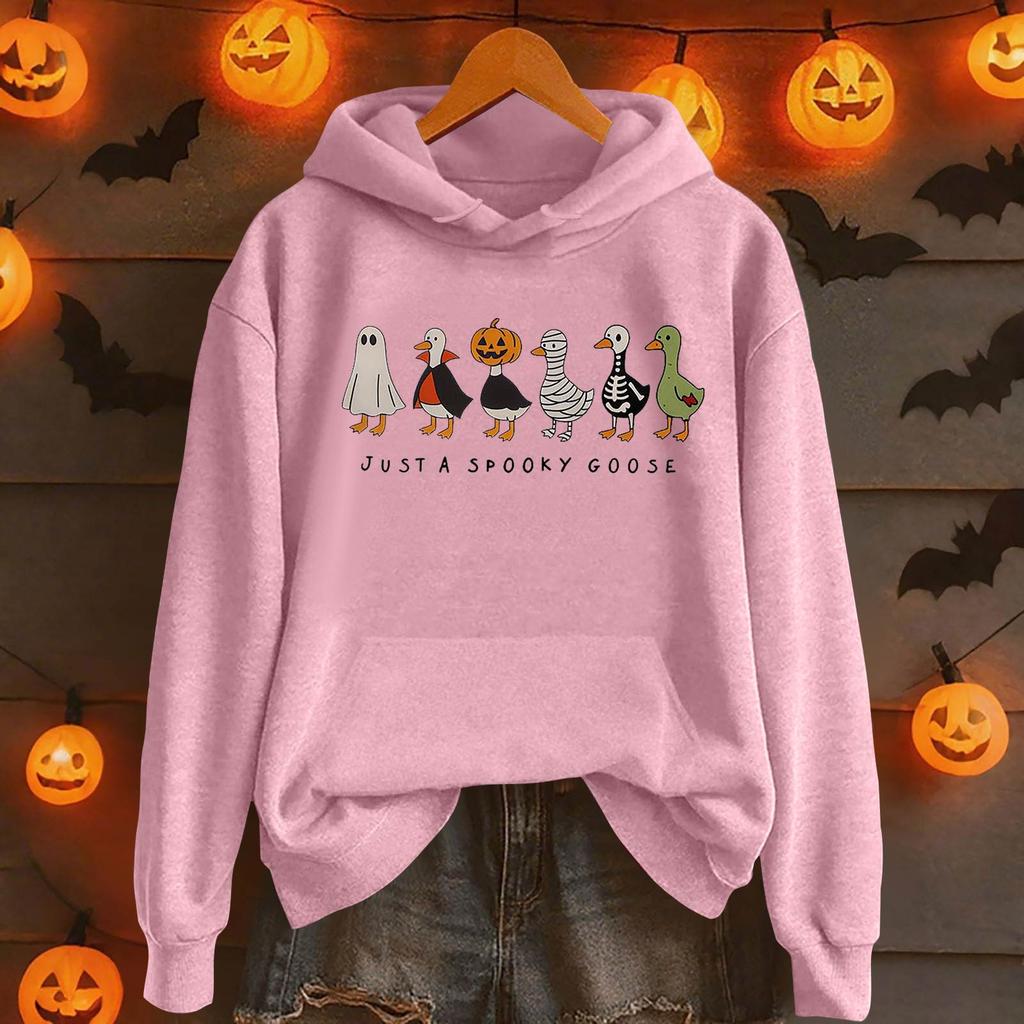 Damemote Casual Langermet trykt Rundhals hettegenser Pullover Topp med lommer