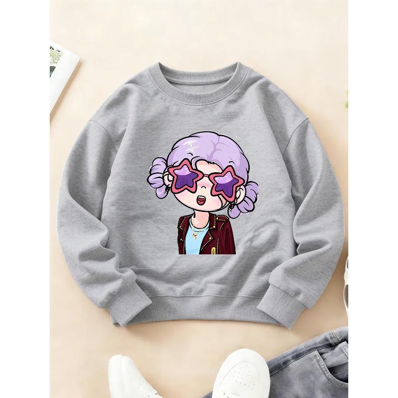 Kids Crewneck Long Sleeve Sweatshirt, Sweet Cool Cartoon Print of Purple-Haired Girl with Starry Glasses