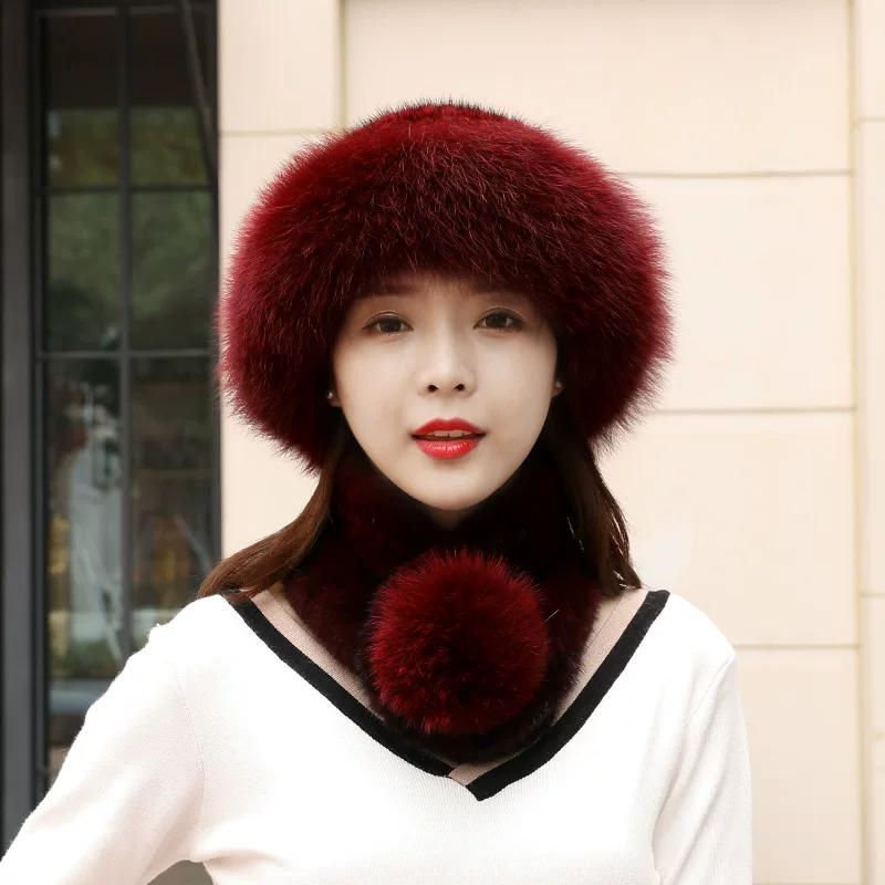 Fur Hat Scarf Set Women's Winter Warm Real Hair Winter Bucket Hat Winter Fashion Mink Two-piece Set