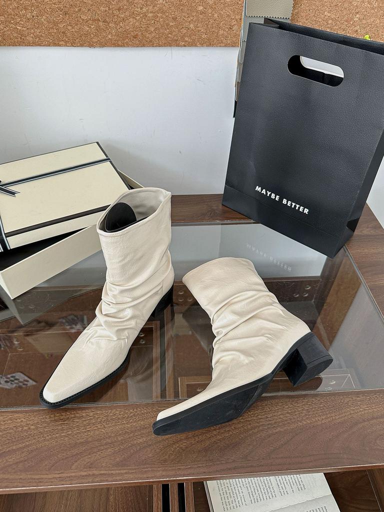 Retro fashion cowboy boots women's 2025 spring and autumn new pointed thick heel pleated pile short Martin boots knight boots