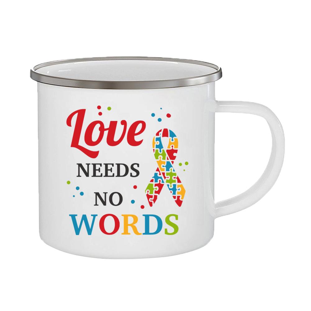 

Любовь не нуждается в словах. Белая чашка с ручкой для осведомленности об аутизме. Эмалированная кружка для кофе и чая. Цветная чашка-головоломка для людей с осведомленностью об аутизме. 360ml