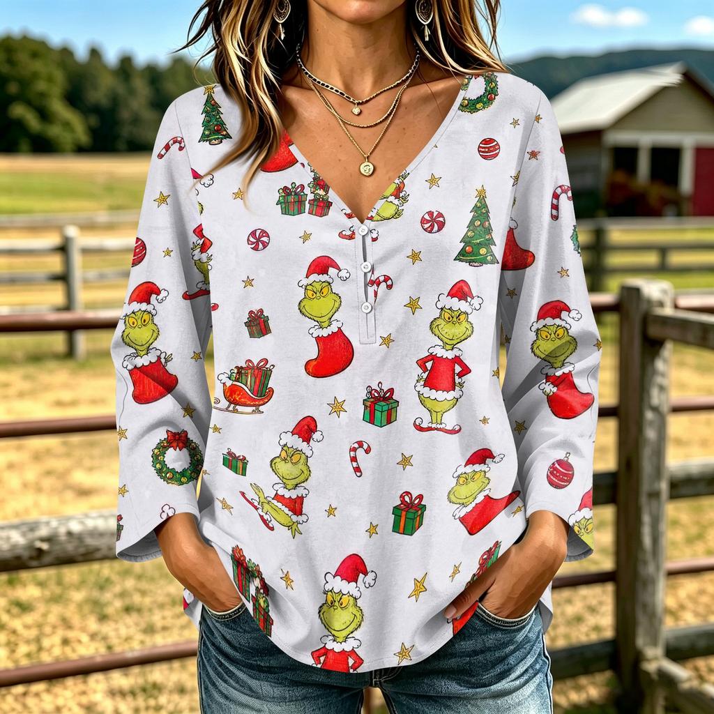 Women's Casual V-Neck Long Sleeve T-Shirt with Festive Christmas Graphic Print