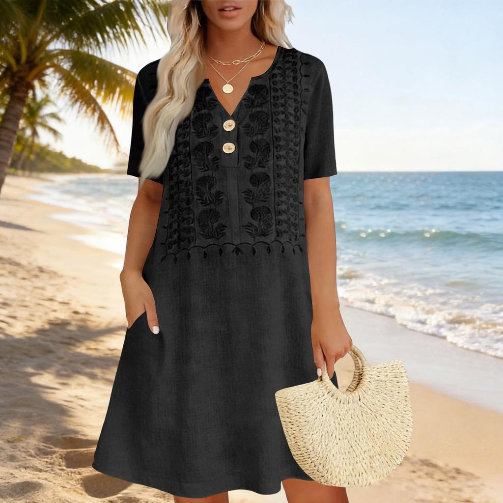 Women Casual Loose Fit Short Sleeve Dress Embroidered Front Button Detail Lightweight Summer Dress with Pockets