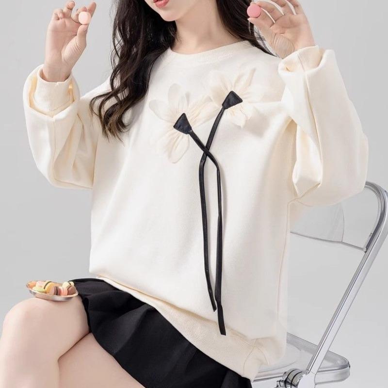 Women's 3D Decorative Hoodie Korean Version Loose Round Neck Flower Pattern Hoodless Sweatshirts Autumn Minimally Casual Daily Famale Top