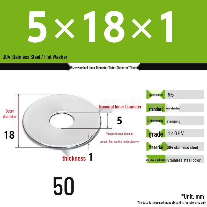 304 Stainless Steel Thickened Flat Washer Set, Sizes 2-36