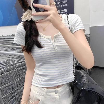 Women's Striped Short Sleeve Slim T-Shirt with Half-Open Collar - 2025 Summer Fashion