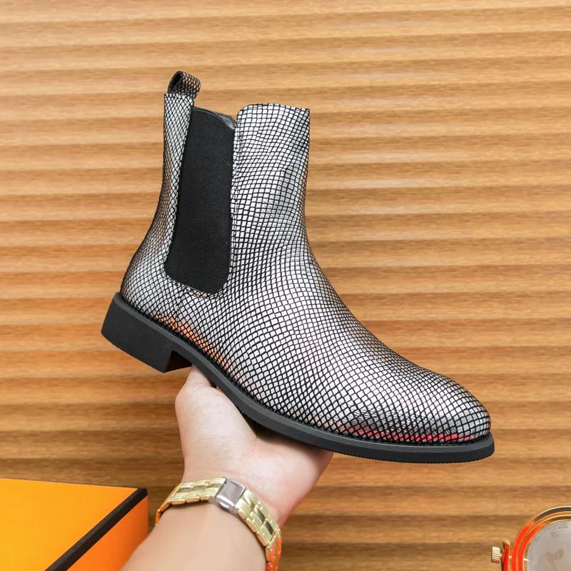 Wniter New Designer Fashion Gold Silver Slip on Chelsea Ankle Boots for Men Luxury Brand High Top Platform Shoes Zapatos Hombre