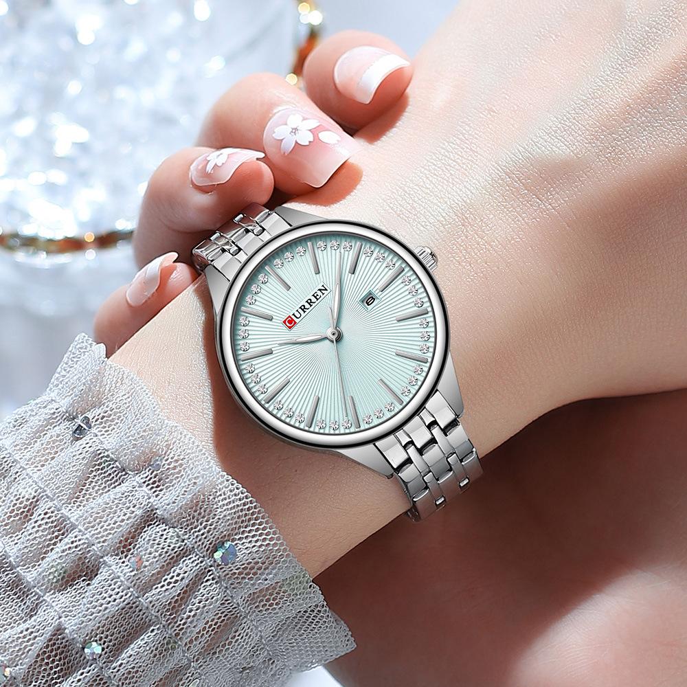 CURREN-Ladies' Luxury Rhinestone Inlaid Fashionable Business Quartz Watch Stainless Steel Simple Waterproof Luminous Calendar Watch