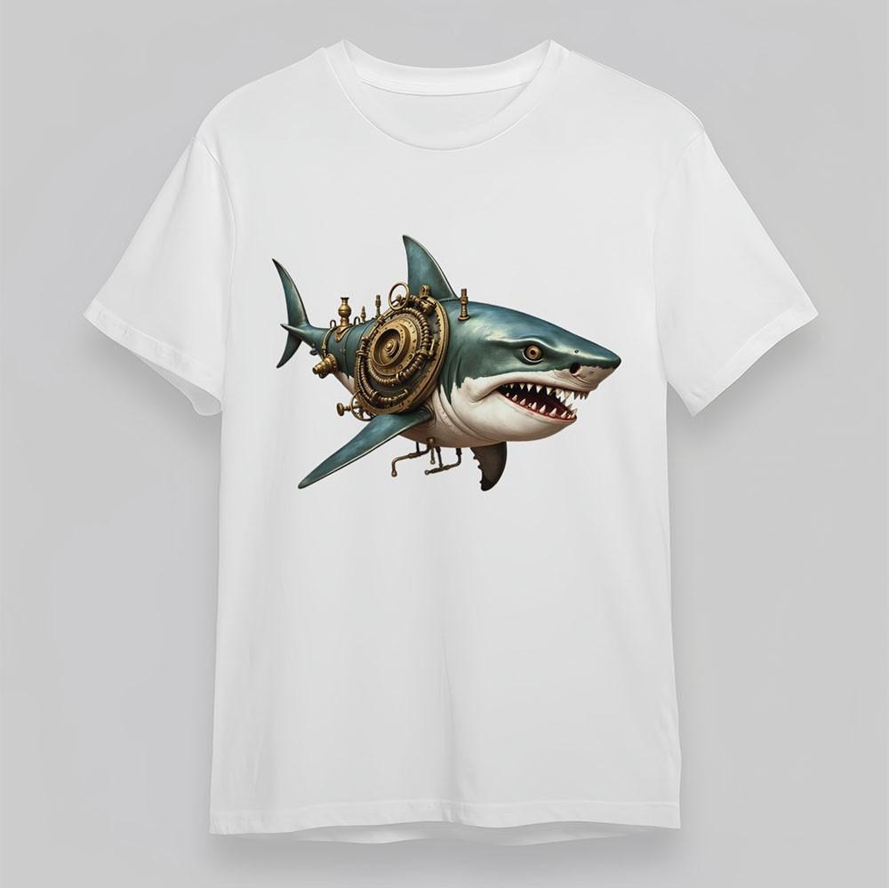 

Women s Cotton Soft T-Shirt Steampunk Shark Blue-Green Body Tee White Oversize L