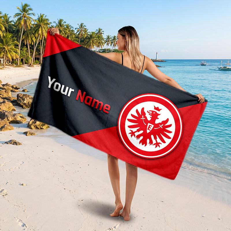 Asciugamano da Spiaggia Personalizzato Eintracht Frankfurt, Stampa Testo Nome Personalizzato, Asciugamano Morbido ad Asciugatura Rapida con Logo Calcio, Regalo per le Vacanze