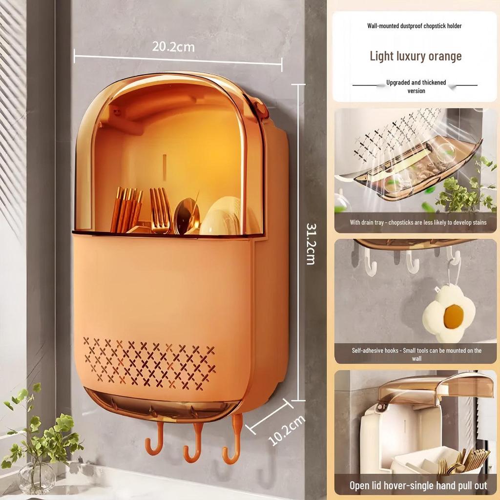 Wall-Mounted Chopstick & Spoon Storage Box with Draining Rack - 2026 Model for Home Kitchen