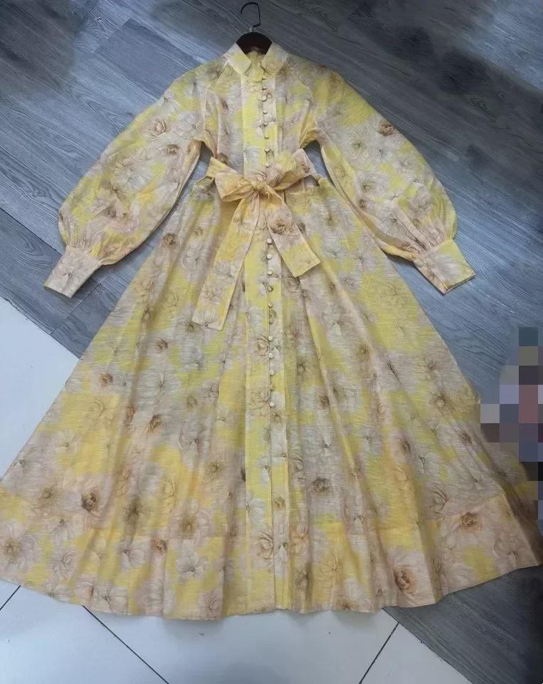 

Платье-кардиган макси в стиле ретро в австралийском стиле с рукавами-фонариками и цветочным принтом - коллекция Осень/Зима S жёлтый