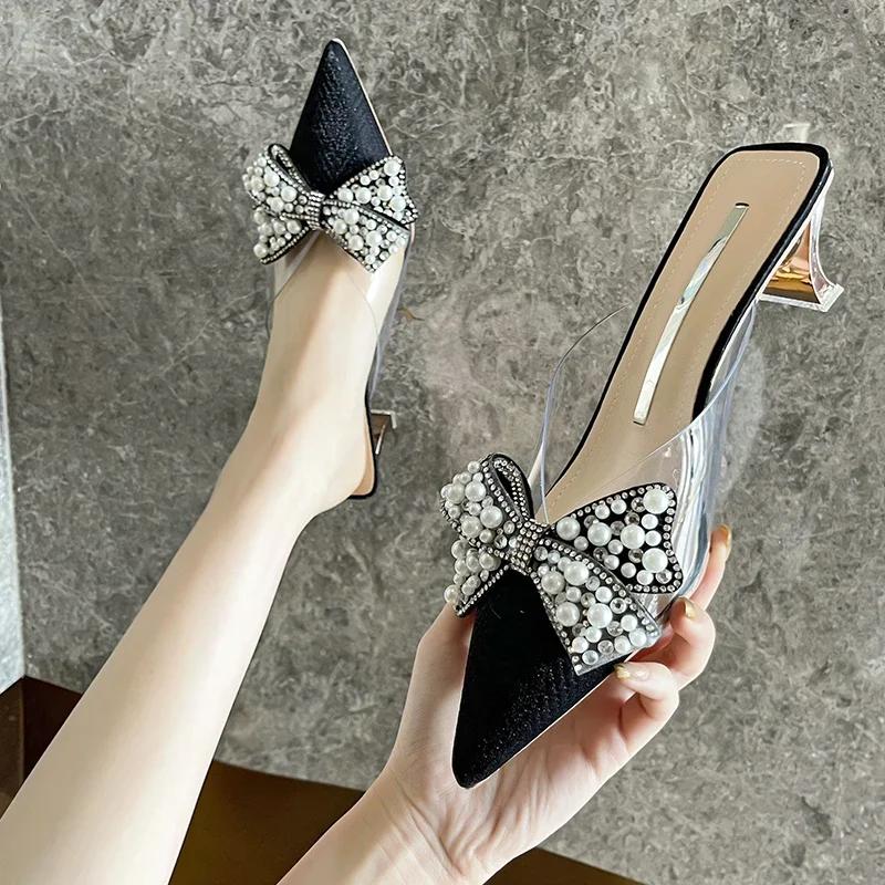 Fashion Sweet Shoes for Women Lovely Slippers Women Basic Slides Strange High Heels Solid Pointed Toe Butterfly-knot Summer Slippers