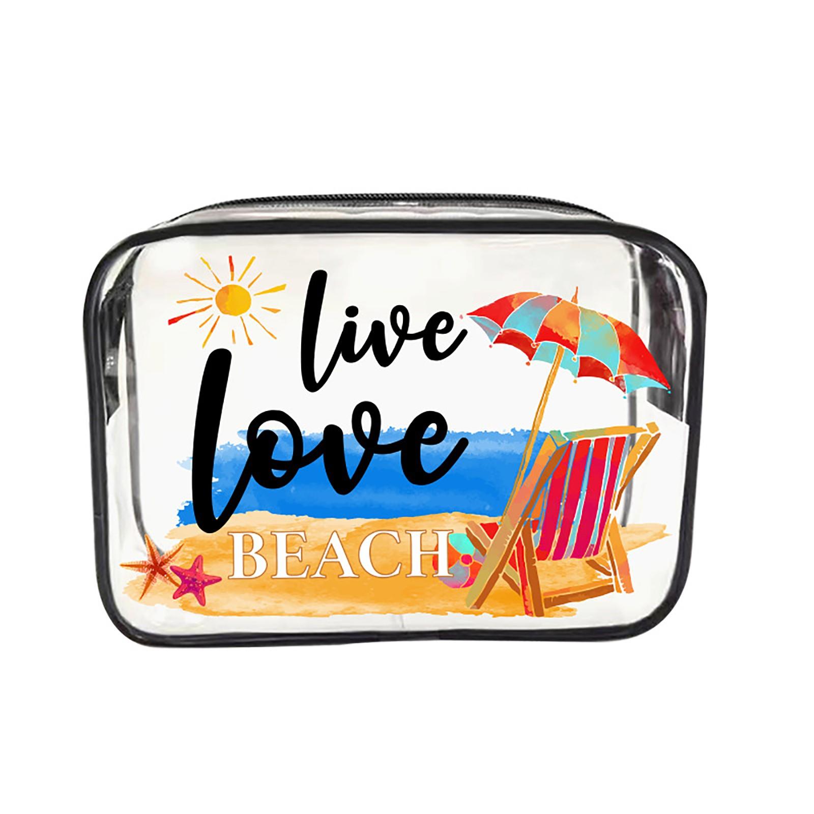 

Portable Clear PVC Makeup Bag Summer Beach Print Travel Cosmetic Organizer Zipper Pouch for Toiletries and Accessories One Size