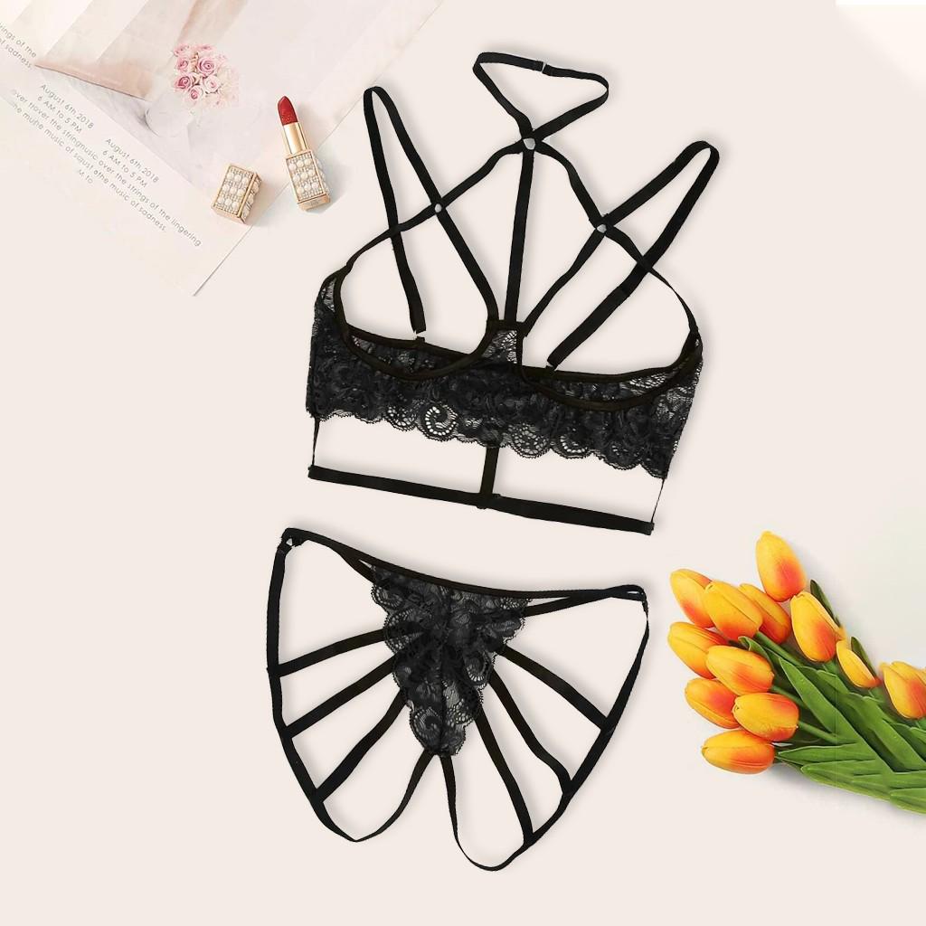 New Women Plus Size Lace Lingerie Bra+Thong Underwear Set Black Sleepwear