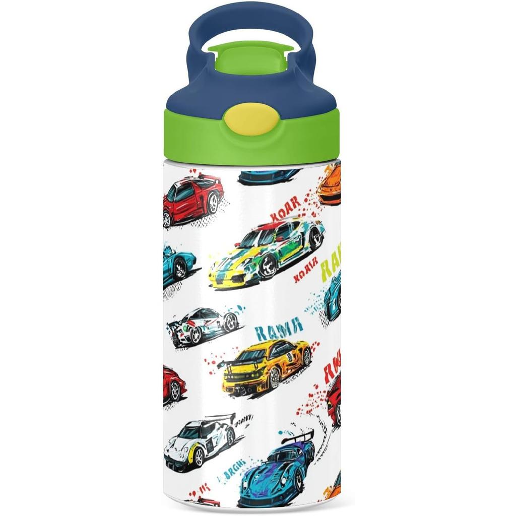 Boccsty Bright Race Car Truck Kids Water Bottle with Straw Lid Sport Cars ulated Stainless Steel Reble Tumbler for Boys Girls Toddlers 12 oz Green