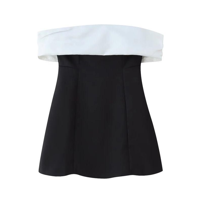 

Spring New Women clothes Ins Style Contrast Color Patchwork off-Shoulder Design Bowknot Decoration Waist Hugging A Word Dress Black L