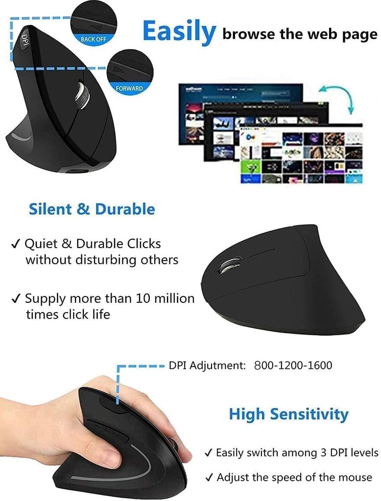 BeWishes Ergonomic Left-Handed Mouse, 2.4G Left-Handed Wireless Vertical Mouse with 3 Adjustable DPI (80012001600), Especially for Left-Handed People