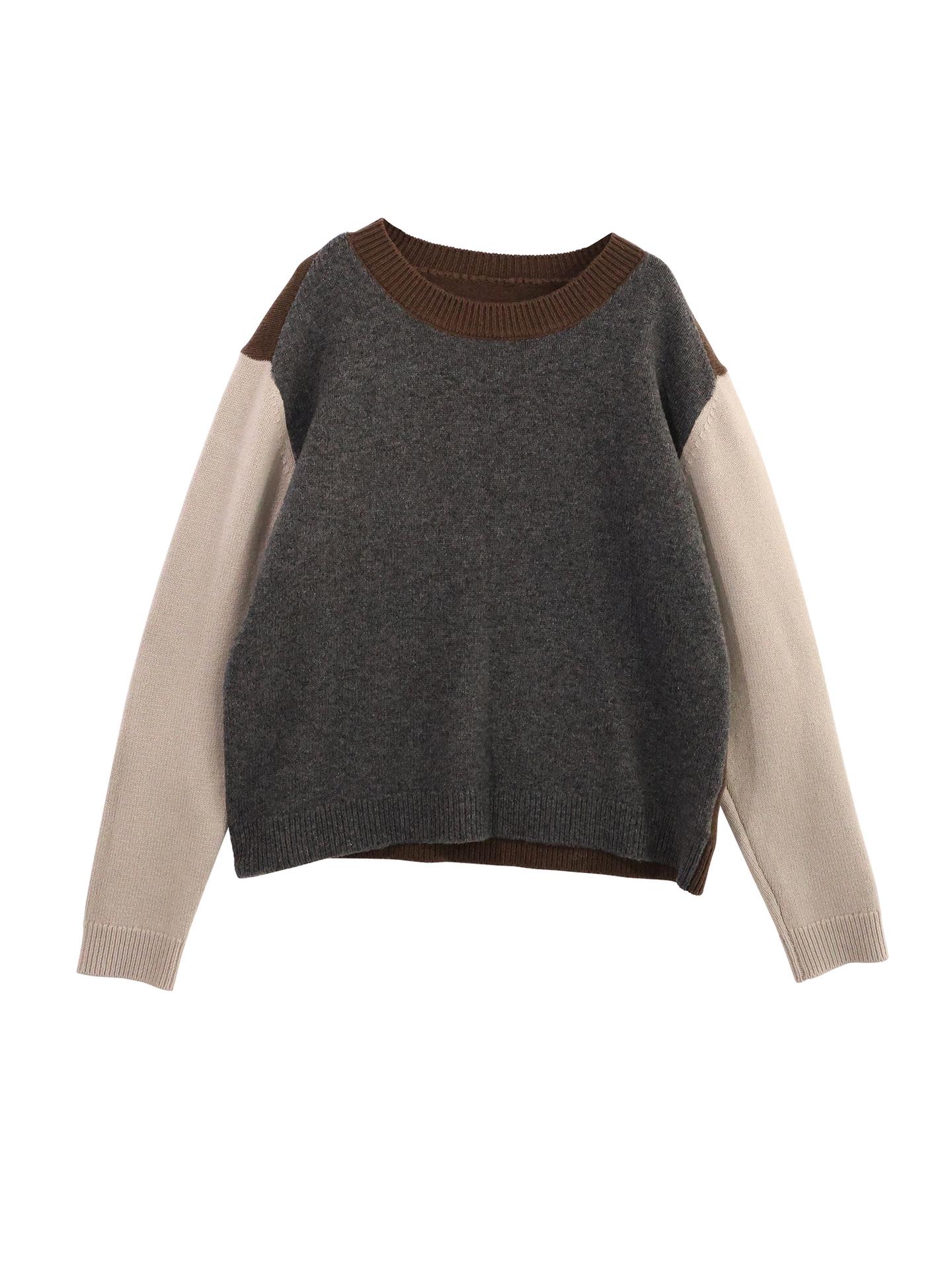 

Plus Size Women s Color Block Wool Pullover: Relaxed Fit Round Neck Long Sleeve Sweater 2XL (70-85 kg) серый