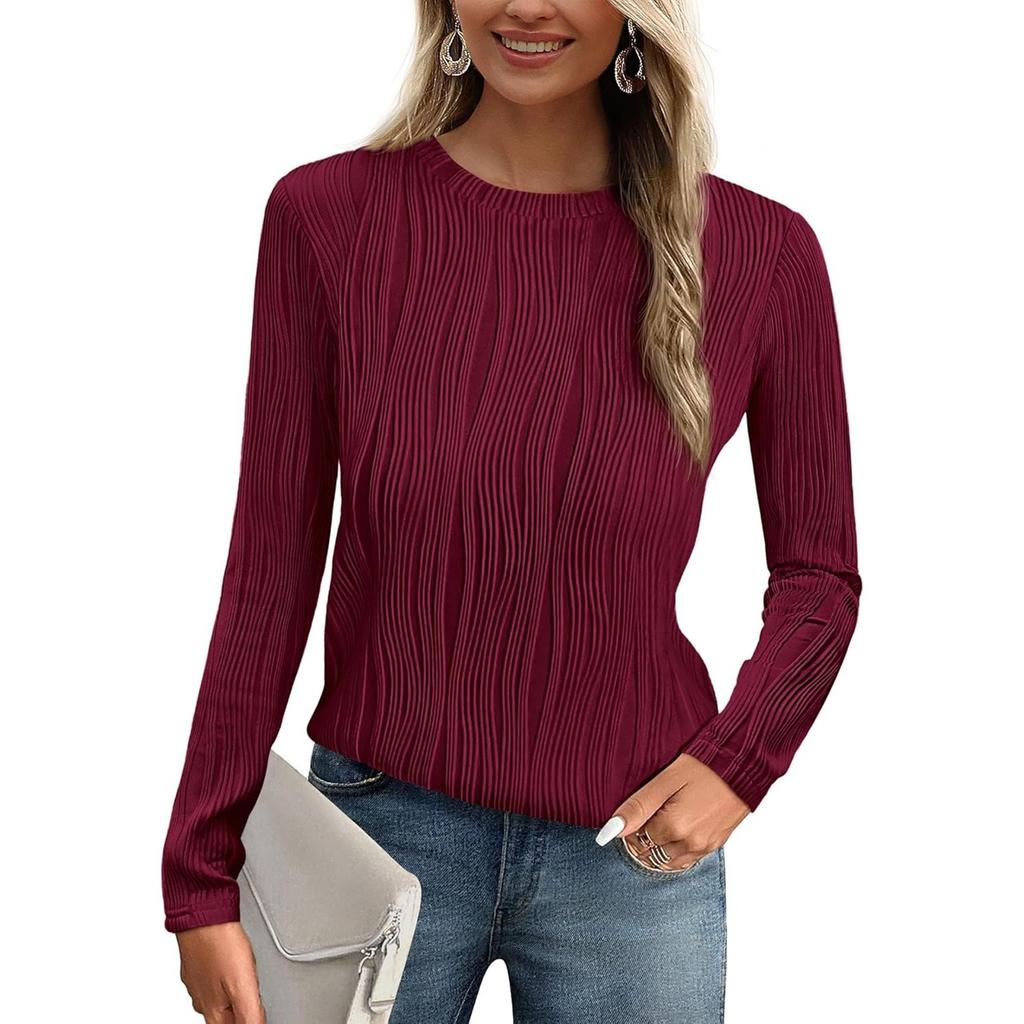 Women's Fashion Round Neck Long Sleeve T-Shirt Solid Color Textured Bottom Top