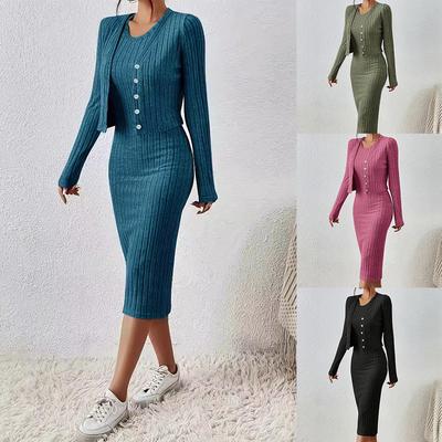 Top Curto de Cor Sólida com Botões Frontais e Vestido Slim Fit Feminino