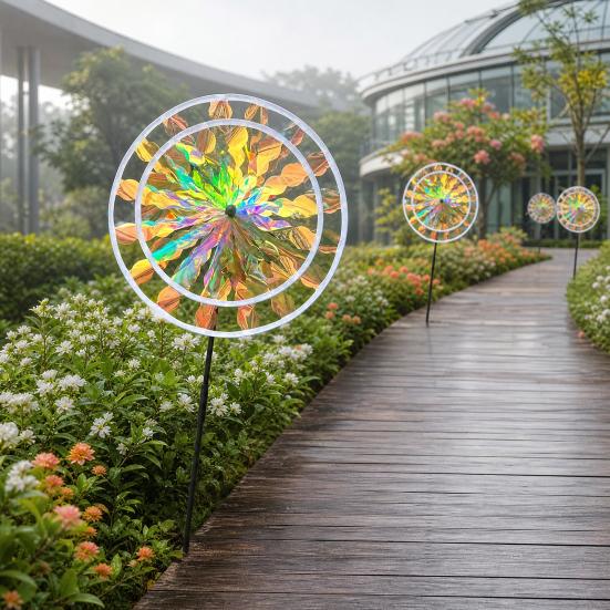Colorful Windmill Ornaments for Garden and Yard, Decorative Double Layer Pinwheel Spinner for Kids, Outdoor Reflective Pinwheels for Patio Lawn