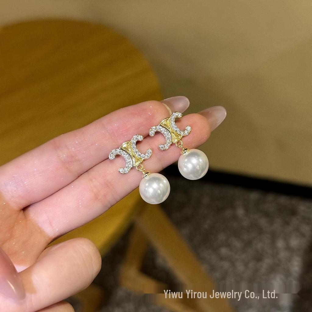 Elegant Pearl Earrings with French Double C Design and S925 Silver Needle
