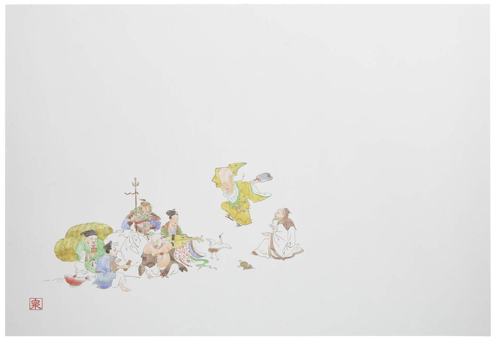 Wakaizumi Lacquerware Papel Mesa Longa Brasão Auspicioso Sete Sortudos 100 Esteiras de Alta Qualidade, Esteiras de 13 polegadas, Série, Deuses, Folhas, B-26-38