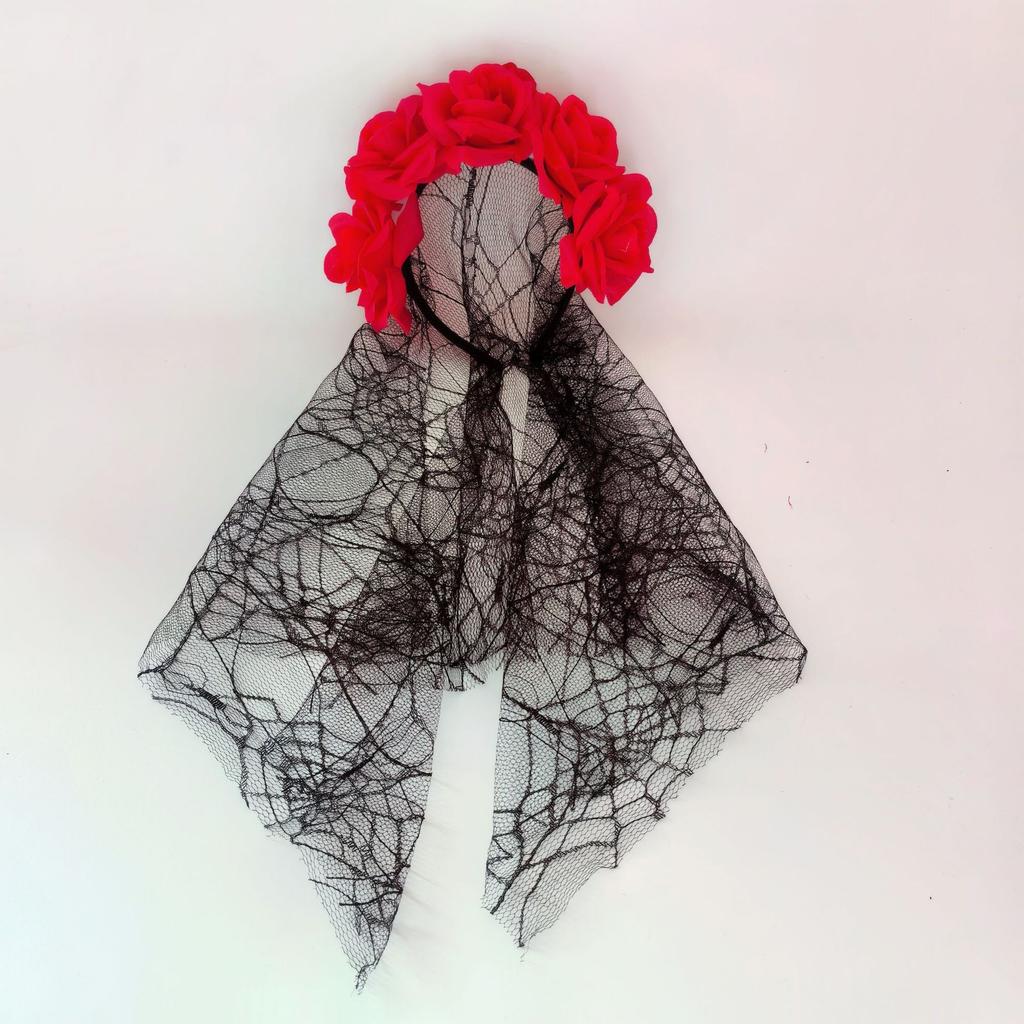 Halloween Ghost Bride Mesh Headband Simulation Rose Black Funny Party Dress